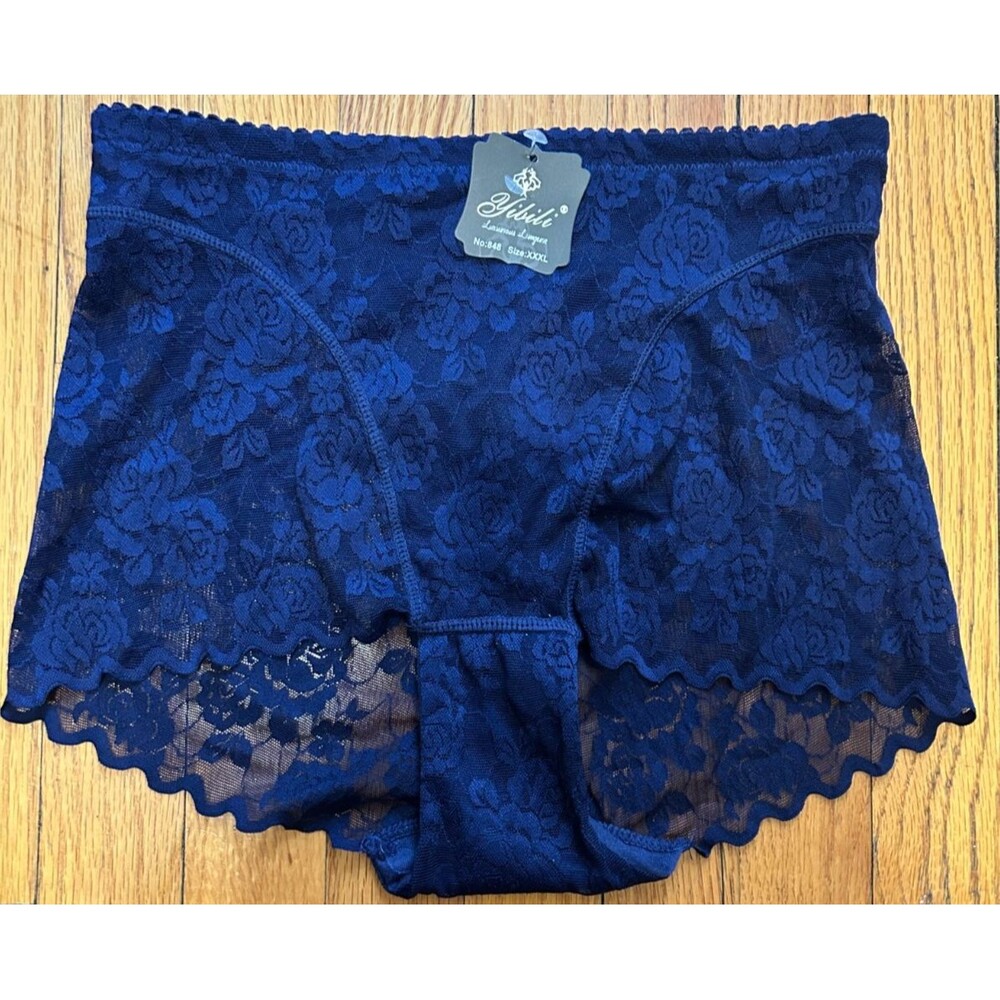 Womens L Navy Blue Floral Lace Panties High Waisted Scalloped Seamless Brief